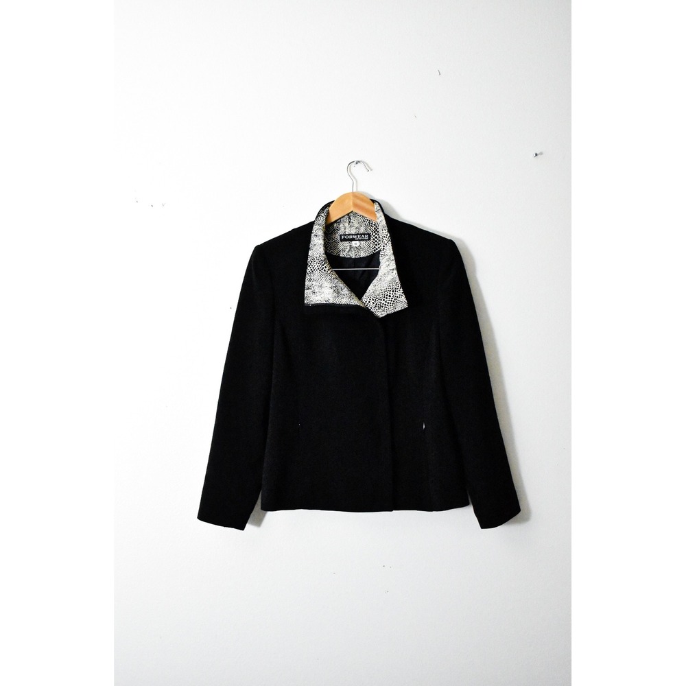 Forwear New York Blazer Women 10 Black Snakeskin Trim Collared Jacket  Y2K vtg‎